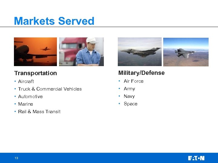 Markets Served Transportation Military/Defense • Aircraft • Air Force • Truck & Commercial Vehicles