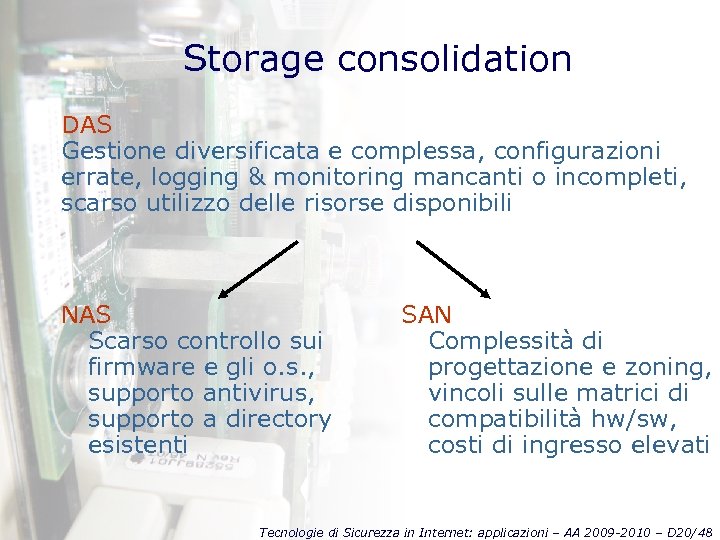 Storage consolidation DAS Gestione diversificata e complessa, configurazioni errate, logging & monitoring mancanti o