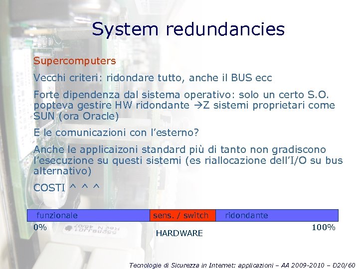 System redundancies Supercomputers Vecchi criteri: ridondare tutto, anche il BUS ecc Forte dipendenza dal