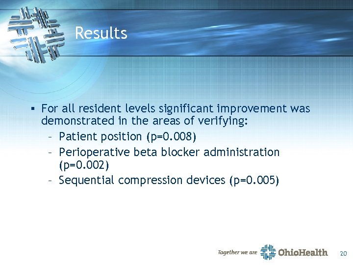 Results § For all resident levels significant improvement was demonstrated in the areas of