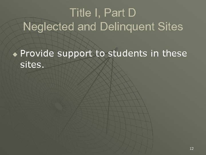 Title I, Part D Neglected and Delinquent Sites u Provide support to students in