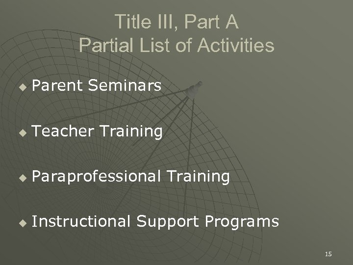 Title III, Part A Partial List of Activities u Parent Seminars u Teacher Training