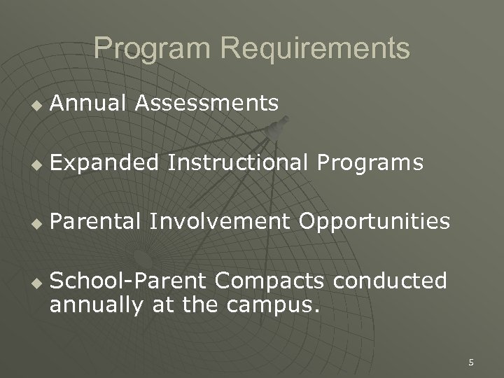 Program Requirements u Annual Assessments u Expanded Instructional Programs u Parental Involvement Opportunities u