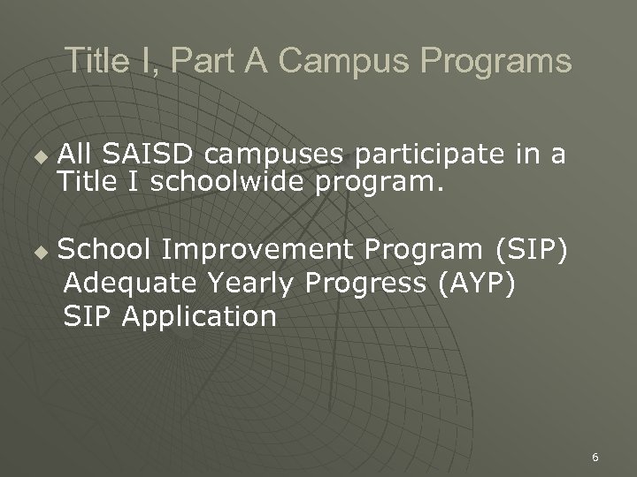 Title I, Part A Campus Programs u u All SAISD campuses participate in a