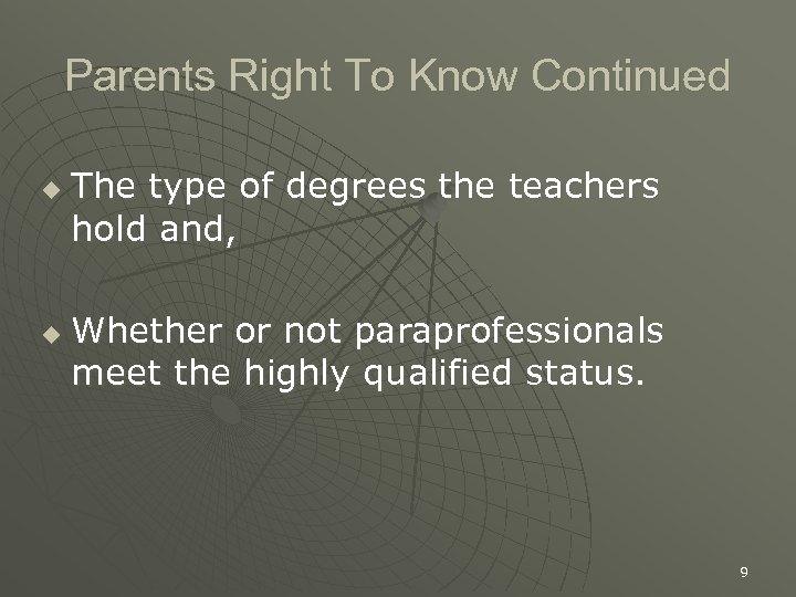 Parents Right To Know Continued u u The type of degrees the teachers hold