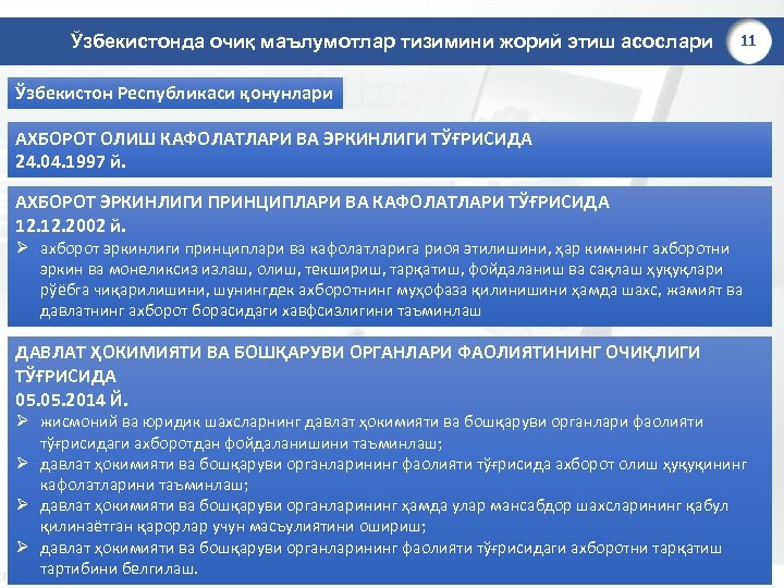 Ўзбекистонда очиқ маълумотлар тизимини жорий этиш асослари 11 Ўзбекистон Республикаси қонунлари АХБОРОТ ОЛИШ КАФОЛАТЛАРИ