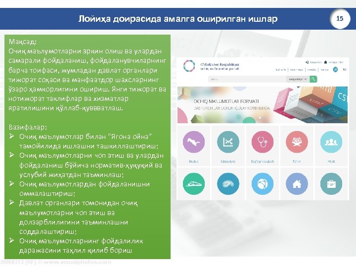 Лойиҳа доирасида амалга оширилган ишлар Мақсад: Очиқ маълумотларни эркин олиш ва улардан самарали фойдаланиш,