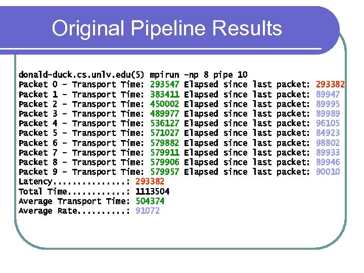 Original Pipeline Results donald-duck. cs. unlv. edu(5) mpirun Packet 0 - Transport Time: 293547