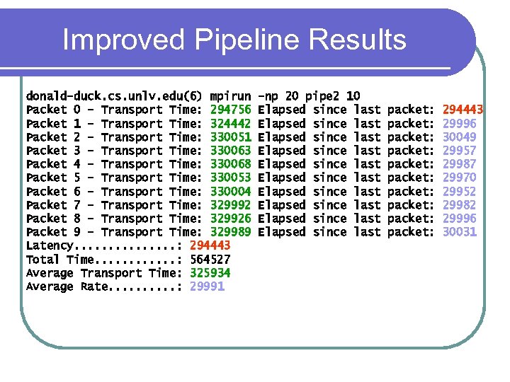 Improved Pipeline Results donald-duck. cs. unlv. edu(6) mpirun Packet 0 - Transport Time: 294756