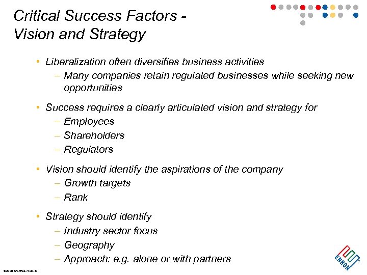Critical Success Factors Vision and Strategy • Liberalization often diversifies business activities – Many