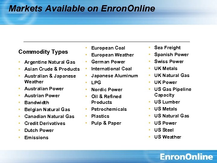 Markets Available on Enron. Online Commodity Types • Argentine Natural Gas • Asian Crude