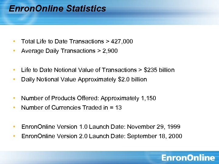 Enron. Online Statistics • Total Life to Date Transactions > 427, 000 • Average