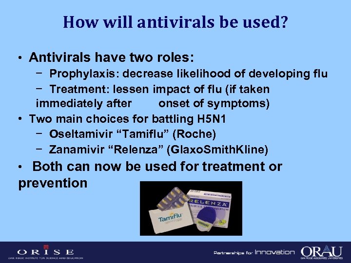 How will antivirals be used? • Antivirals have two roles: − Prophylaxis: decrease likelihood