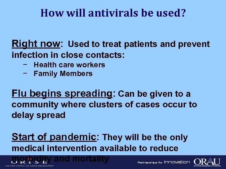 How will antivirals be used? Right now: Used to treat patients and prevent infection