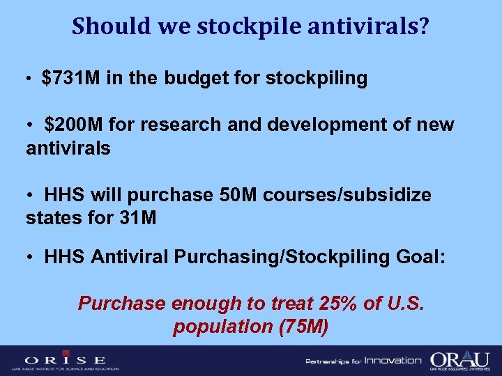 Should we stockpile antivirals? • $731 M in the budget for stockpiling • $200