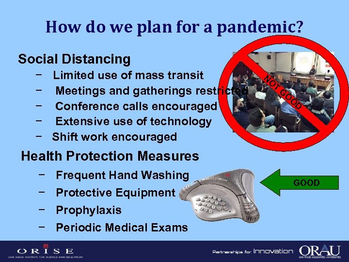 How do we plan for a pandemic? Social Distancing − Limited use of mass