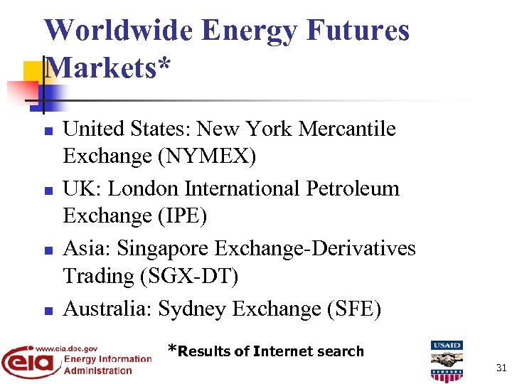 Worldwide Energy Futures Markets* n n United States: New York Mercantile Exchange (NYMEX) UK: