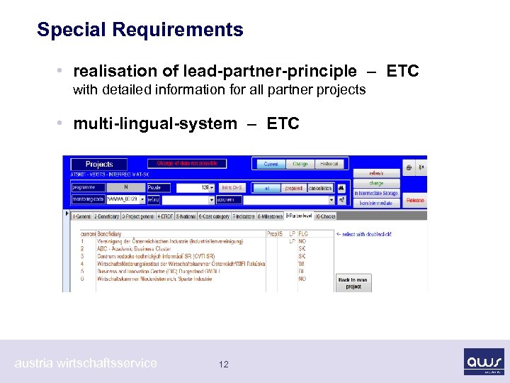 Special Requirements • realisation of lead-partner-principle – ETC with detailed information for all partner