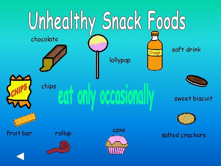 chocolate soft drink lollypop chips sweet biscuit fruit bar rollup cake salted crackers 