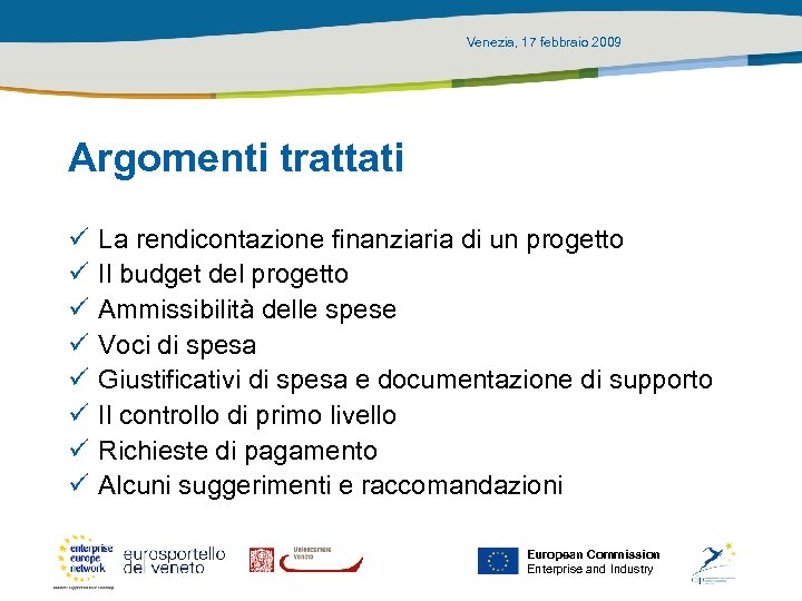 Venezia, 17 febbraio 2009 Argomenti trattati ü ü ü ü La rendicontazione finanziaria di