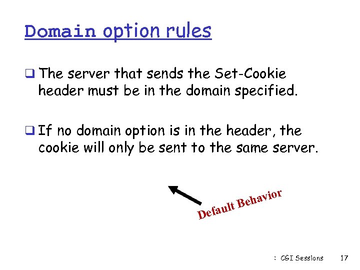 Domain option rules q The server that sends the Set-Cookie header must be in