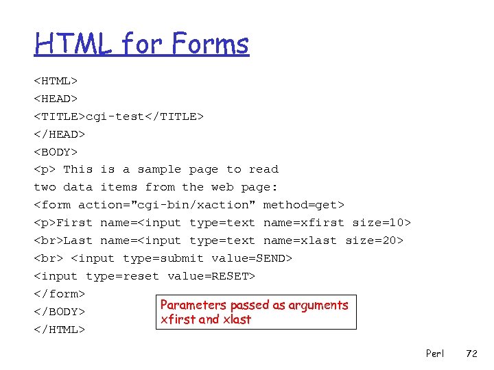 HTML for Forms <HTML> <HEAD> <TITLE>cgi-test</TITLE> </HEAD> <BODY> <p> This is a sample page