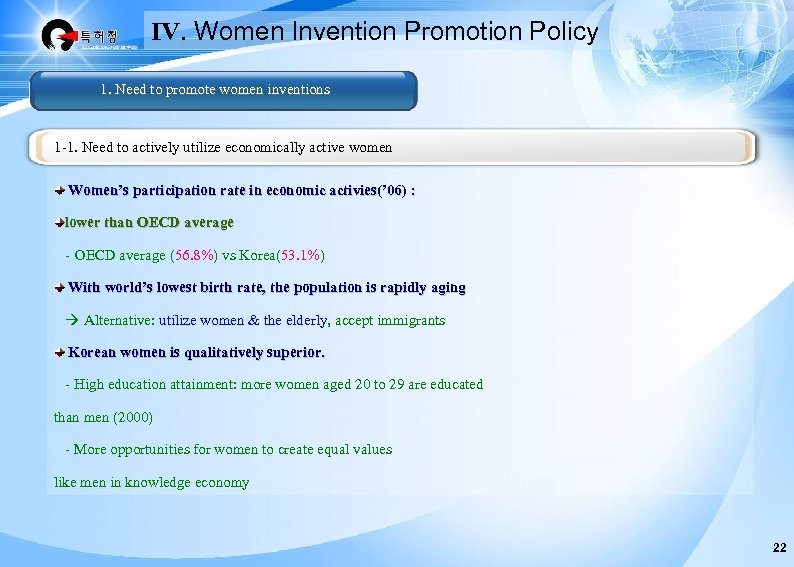 Ⅳ. Women Invention Promotion Policy 1. Need to promote women inventions 1 -1. Need