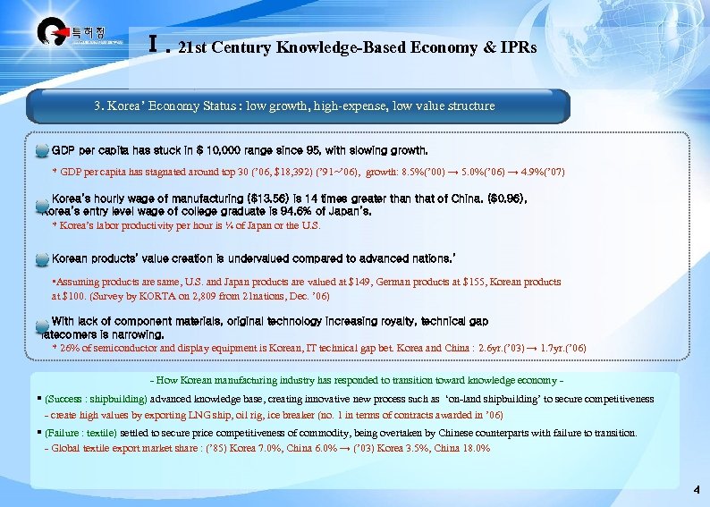 Ⅰ. 21 st Century Knowledge-Based Economy & IPRs 3. Korea’ Economy Status : low