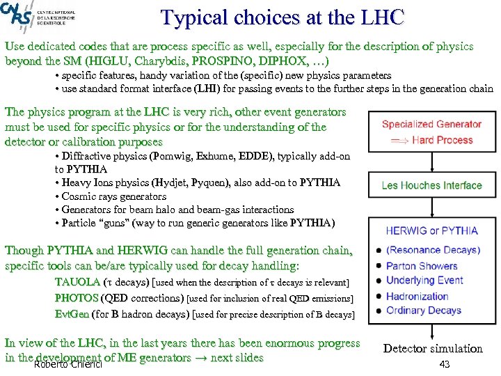 Typical choices at the LHC Use dedicated codes that are process specific as well,