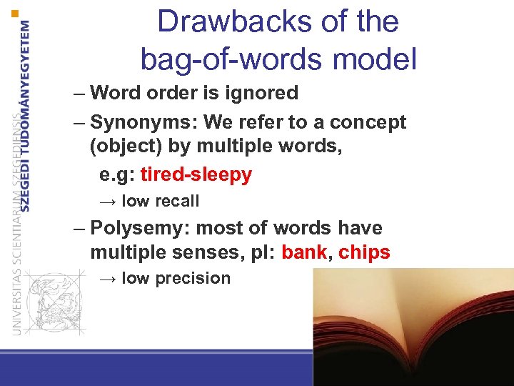 Drawbacks of the bag-of-words model – Word order is ignored – Synonyms: We refer