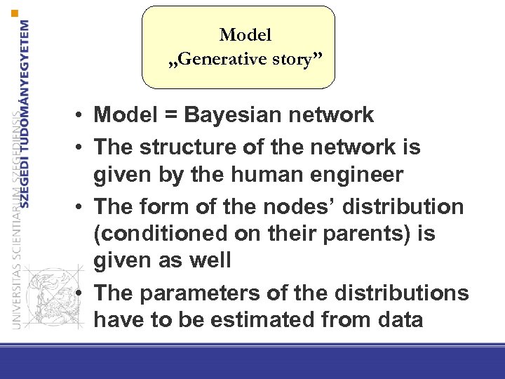 Model „Generative story” • Model = Bayesian network • The structure of the network