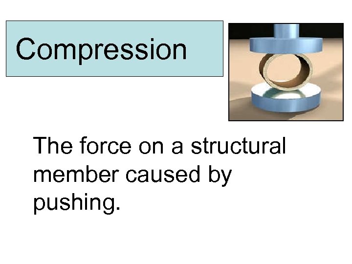 Compression The force on a structural member caused by pushing. 