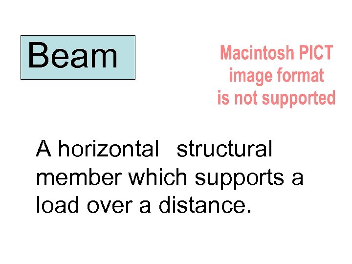 Beam A horizontal structural member which supports a load over a distance. 