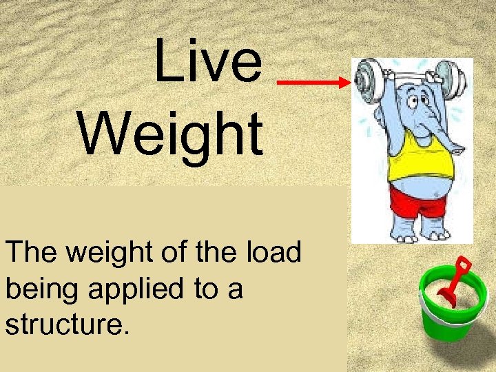 Live Weight The weight of the load being applied to a structure. 