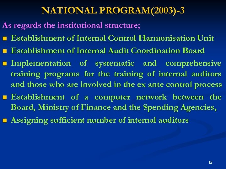 NATIONAL PROGRAM(2003)-3 As regards the institutional structure; n Establishment of Internal Control Harmonisation Unit