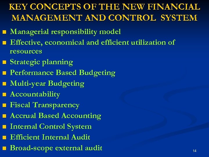 KEY CONCEPTS OF THE NEW FINANCIAL MANAGEMENT AND CONTROL SYSTEM n n n Managerial