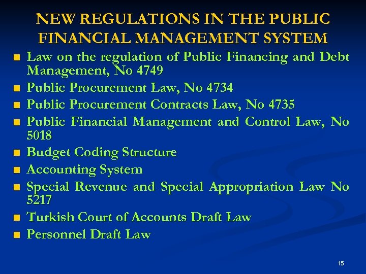 NEW REGULATIONS IN THE PUBLIC FINANCIAL MANAGEMENT SYSTEM n n n n n Law