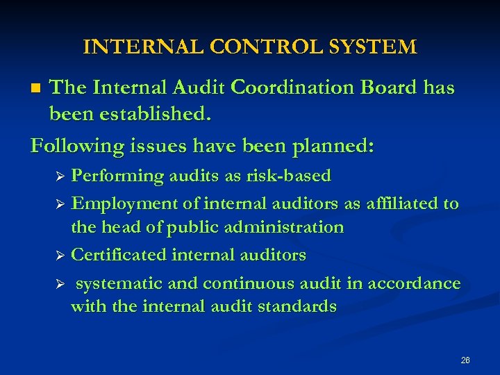 INTERNAL CONTROL SYSTEM The Internal Audit Coordination Board has been established. Following issues have
