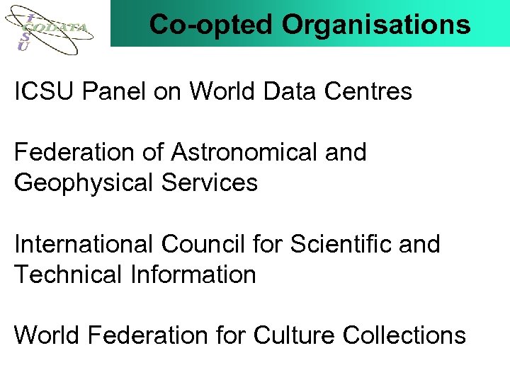 Co-opted Organisations ICSU Panel on World Data Centres Federation of Astronomical and Geophysical Services
