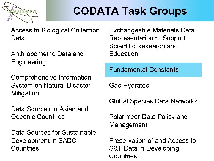 CODATA Task Groups Access to Biological Collection Data Anthropometric Data and Engineering Comprehensive Information