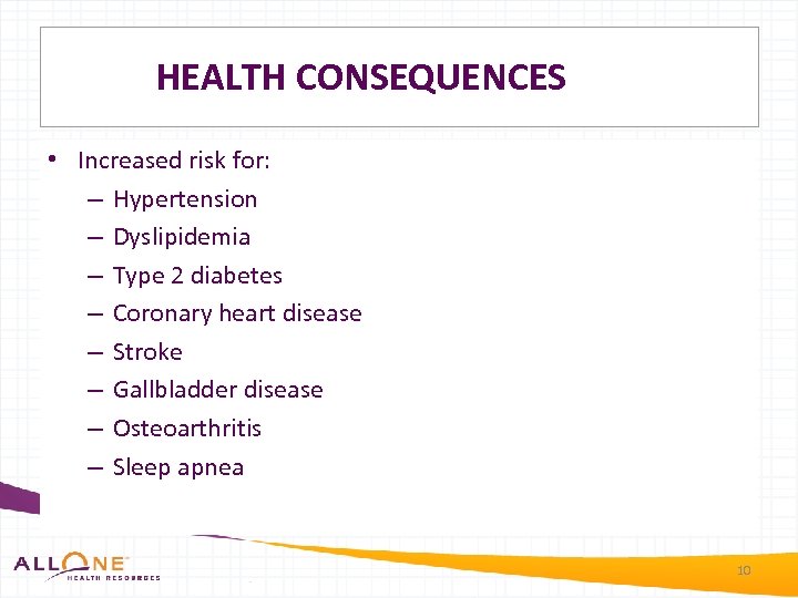 HEALTH CONSEQUENCES • Increased risk for: – Hypertension – Dyslipidemia – Type 2 diabetes