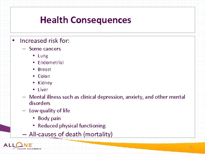 Health Consequences • Increased risk for: – Some cancers • • • Lung Endometrial