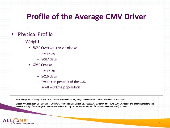Profile of the Average CMV Driver • Physical Profile – Weight • 86% Overweight