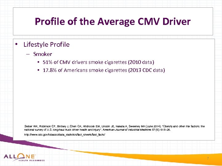 Profile of the Average CMV Driver • Lifestyle Profile – Smoker • 51% of