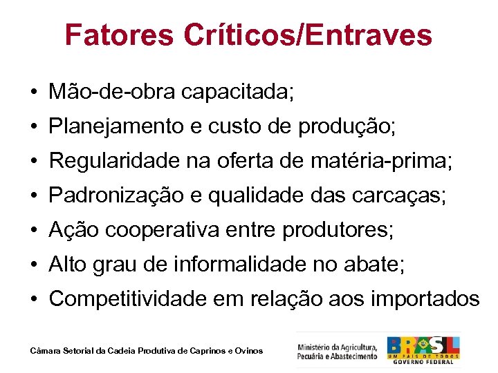 Fatores Críticos/Entraves • Mão-de-obra capacitada; • Planejamento e custo de produção; • Regularidade na