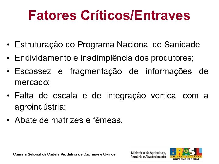 Fatores Críticos/Entraves • Estruturação do Programa Nacional de Sanidade • Endividamento e inadimplência dos