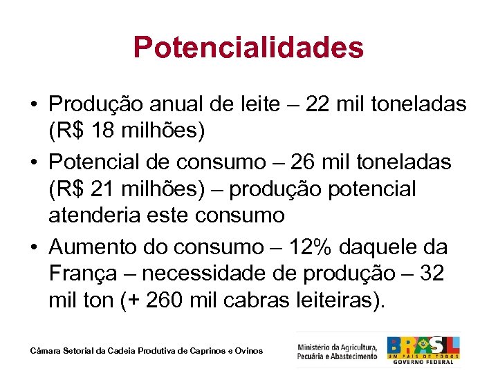 Potencialidades • Produção anual de leite – 22 mil toneladas (R$ 18 milhões) •