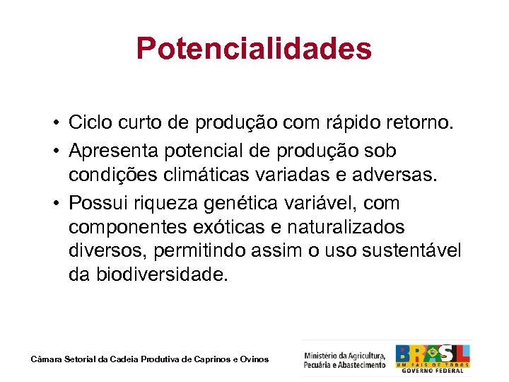 Potencialidades • Ciclo curto de produção com rápido retorno. • Apresenta potencial de produção