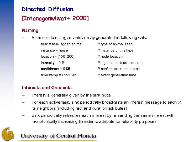 Directed Diffusion [Intanagonwiwat+ 2000] Naming – A sensor detecting an animal may generate the