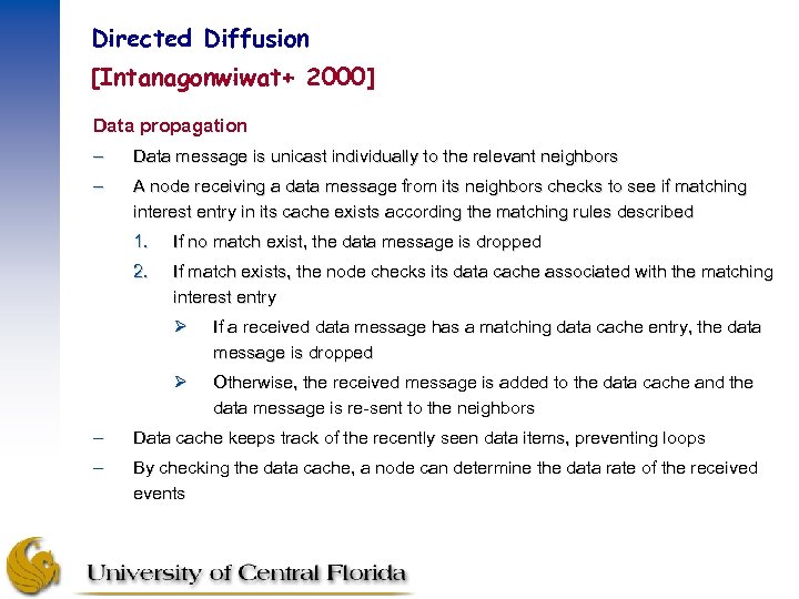 Directed Diffusion [Intanagonwiwat+ 2000] Data propagation – Data message is unicast individually to the